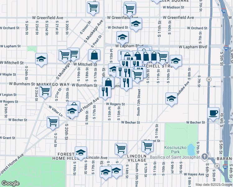 map of restaurants, bars, coffee shops, grocery stores, and more near 1925 South 15th Street in Milwaukee