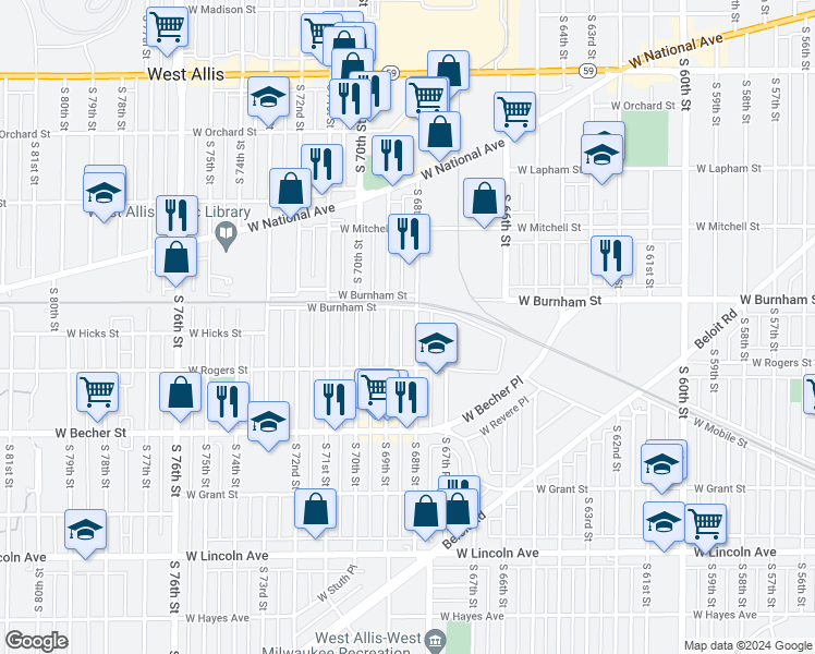map of restaurants, bars, coffee shops, grocery stores, and more near 1916 South 69th Street in West Allis