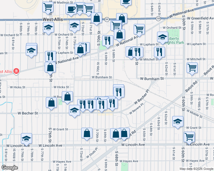 map of restaurants, bars, coffee shops, grocery stores, and more near 1916 South 69th Street in West Allis
