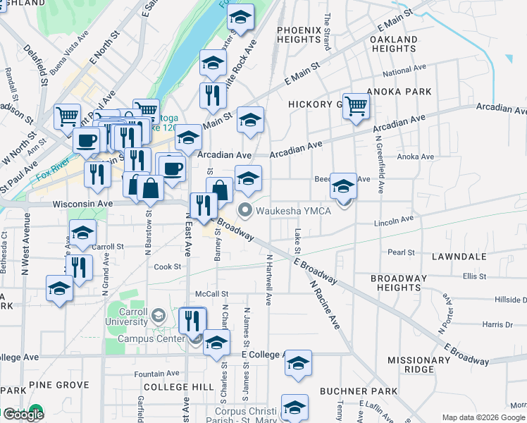 map of restaurants, bars, coffee shops, grocery stores, and more near 606 North Hartwell Avenue in Waukesha