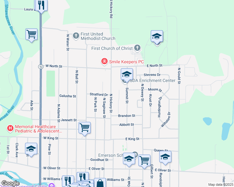 map of restaurants, bars, coffee shops, grocery stores, and more near 1107 Dingwall Drive in Owosso