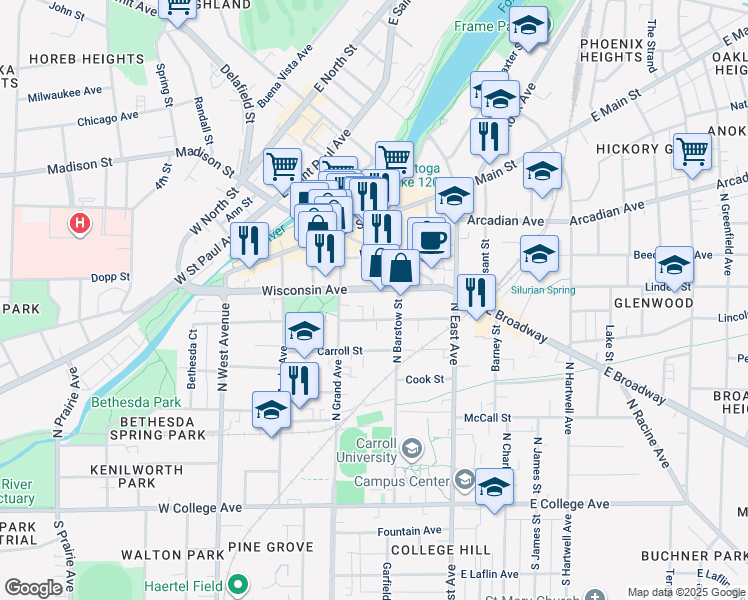 map of restaurants, bars, coffee shops, grocery stores, and more near 223 Wisconsin Avenue in Waukesha