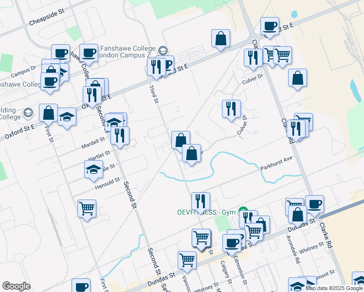 map of restaurants, bars, coffee shops, grocery stores, and more near 1600 Culver Drive in London