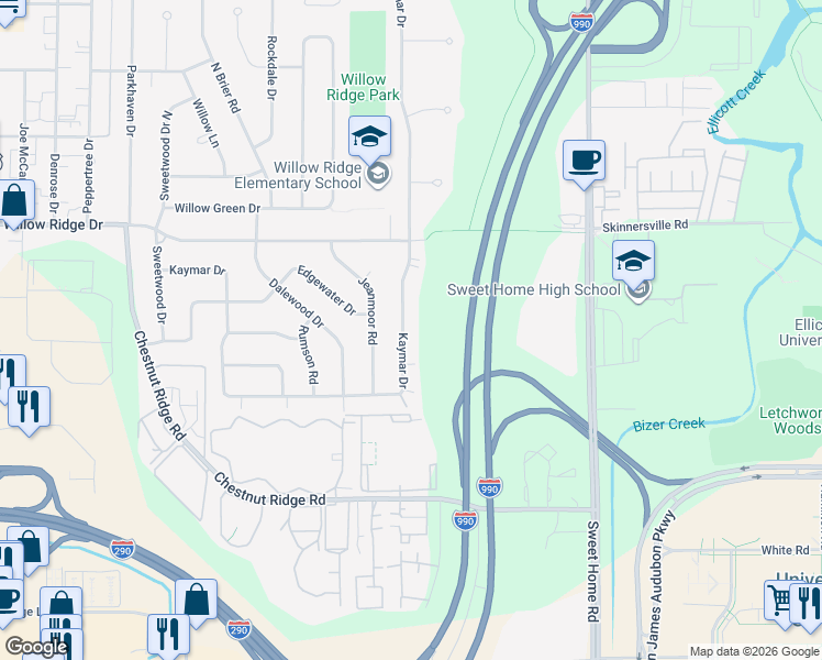 map of restaurants, bars, coffee shops, grocery stores, and more near 419 Kaymar Drive in Buffalo