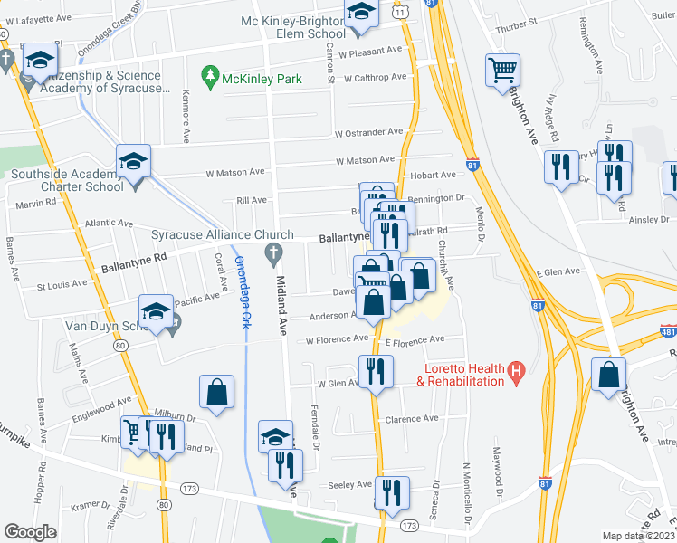 map of restaurants, bars, coffee shops, grocery stores, and more near 149 Sheldon Avenue in Syracuse