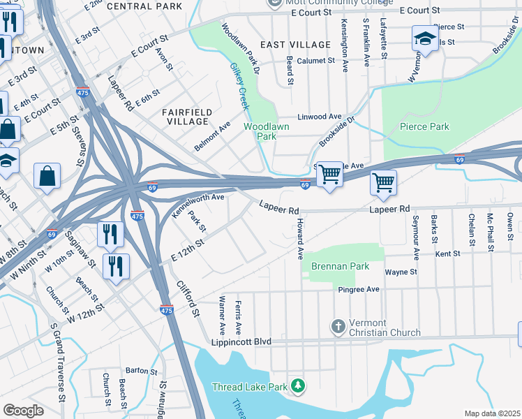 map of restaurants, bars, coffee shops, grocery stores, and more near 722 East 12th Street in Flint