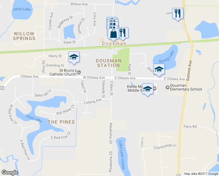 map of restaurants, bars, coffee shops, grocery stores, and more near 235 South Main Street in Dousman