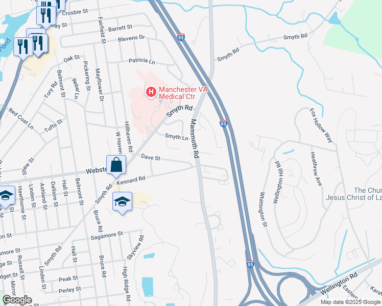 map of restaurants, bars, coffee shops, grocery stores, and more near 1060 Mammoth Road in Manchester