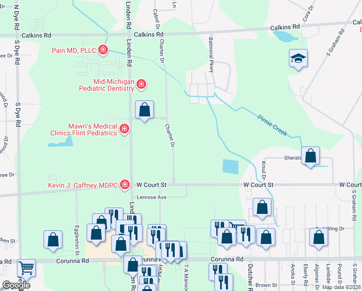 map of restaurants, bars, coffee shops, grocery stores, and more near Charter Drive in Flint