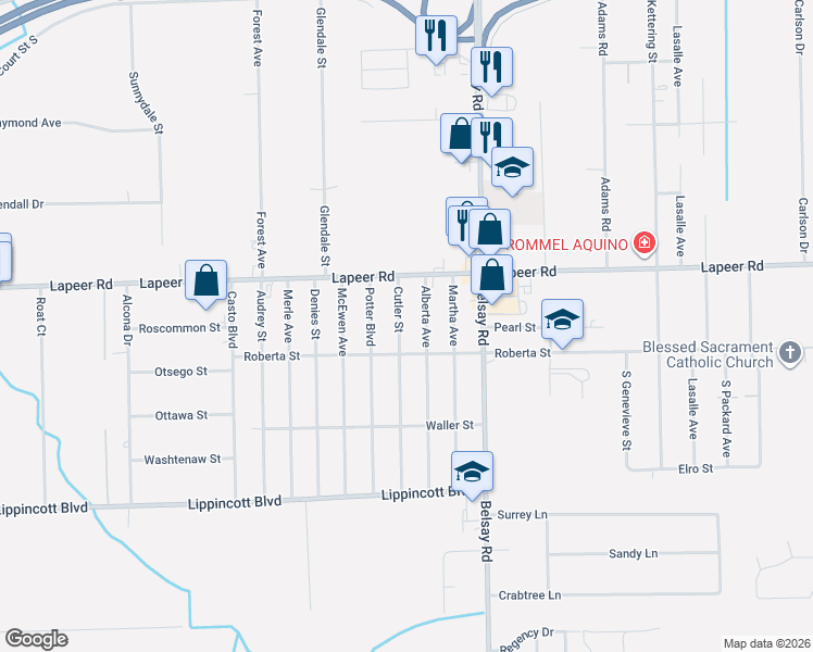 map of restaurants, bars, coffee shops, grocery stores, and more near 1353 Cutler Street in Burton