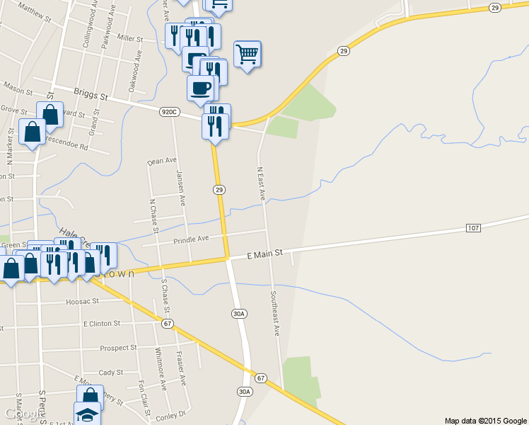 map of restaurants, bars, coffee shops, grocery stores, and more near 15 North East Avenue in Johnstown