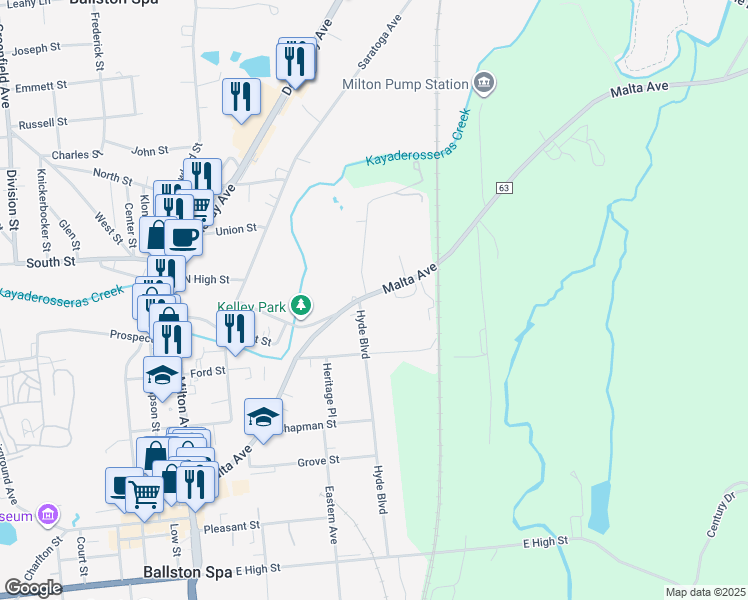 map of restaurants, bars, coffee shops, grocery stores, and more near 250 Malta Avenue in Ballston Spa