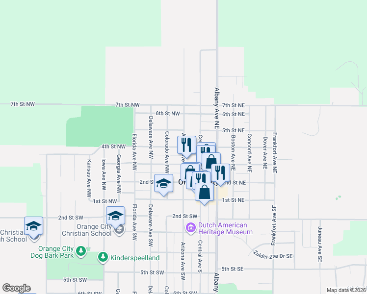 map of restaurants, bars, coffee shops, grocery stores, and more near 201 4th Street Northwest in Orange City