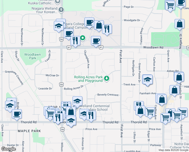 map of restaurants, bars, coffee shops, grocery stores, and more near 15 Woodington Place in Welland