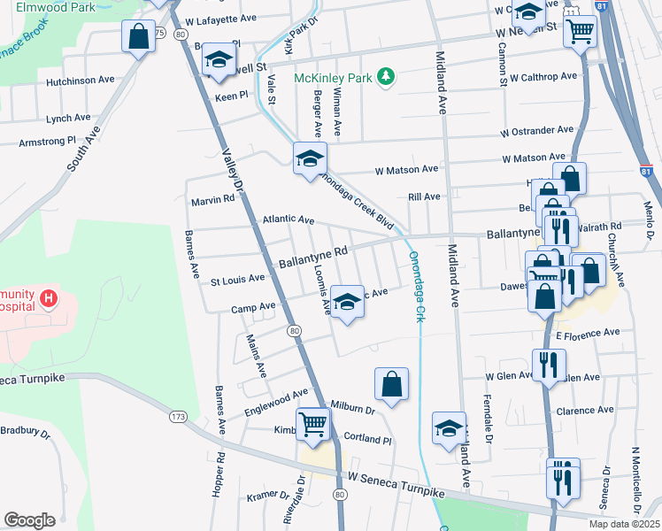 map of restaurants, bars, coffee shops, grocery stores, and more near 218 Empire Ave in Syracuse