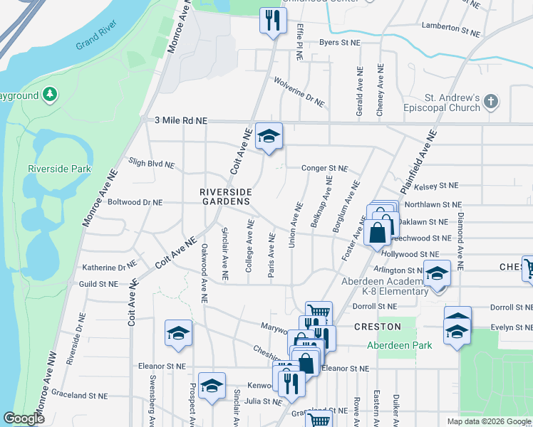 map of restaurants, bars, coffee shops, grocery stores, and more near 521 Sligh Boulevard Northeast in Grand Rapids