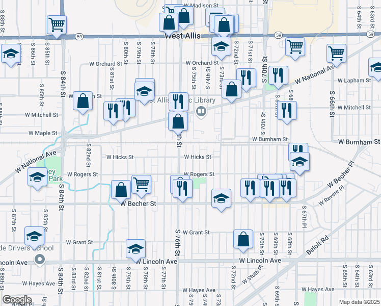 map of restaurants, bars, coffee shops, grocery stores, and more near 1925 South 75th Street in West Allis