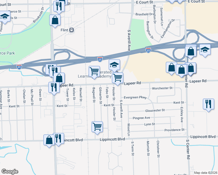 map of restaurants, bars, coffee shops, grocery stores, and more near 3402 Lapeer Road in Flint