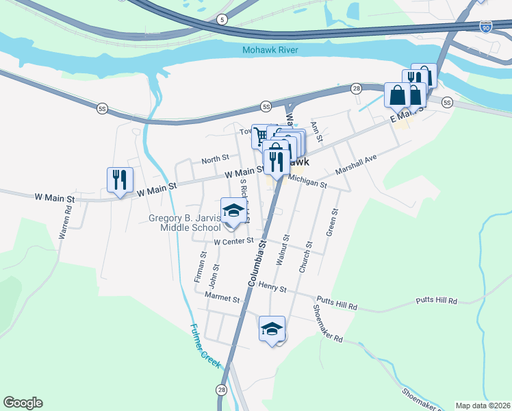 map of restaurants, bars, coffee shops, grocery stores, and more near 20 S Washington St in Mohawk