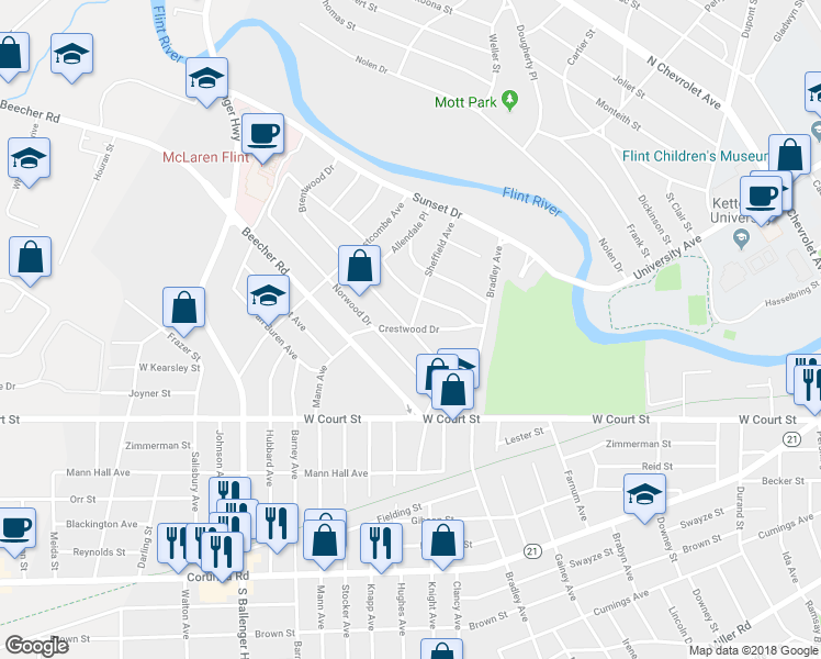 map of restaurants, bars, coffee shops, grocery stores, and more near 2798 Crestwood Drive in Flint