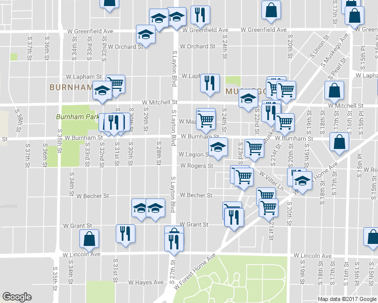 map of restaurants, bars, coffee shops, grocery stores, and more near 2602 West Legion Street in Milwaukee