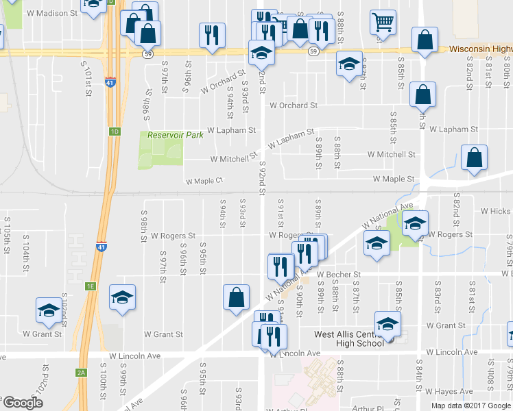 map of restaurants, bars, coffee shops, grocery stores, and more near 1915 South 92nd Street in West Allis
