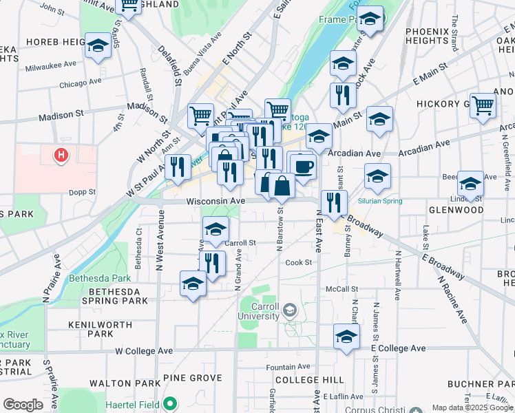 map of restaurants, bars, coffee shops, grocery stores, and more near 229 Wisconsin Avenue in Waukesha