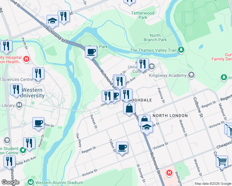 map of restaurants, bars, coffee shops, grocery stores, and more near 1163 Richmond Street in London