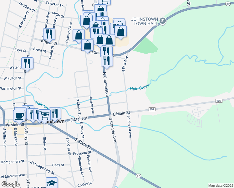 map of restaurants, bars, coffee shops, grocery stores, and more near 15 North East Avenue in Johnstown