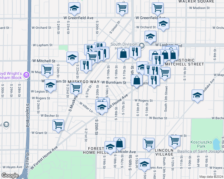 map of restaurants, bars, coffee shops, grocery stores, and more near 1942 South Congo Avenue in Milwaukee