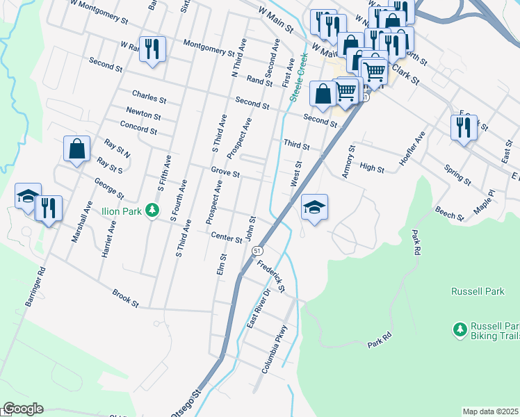 map of restaurants, bars, coffee shops, grocery stores, and more near 129 John Street in Ilion
