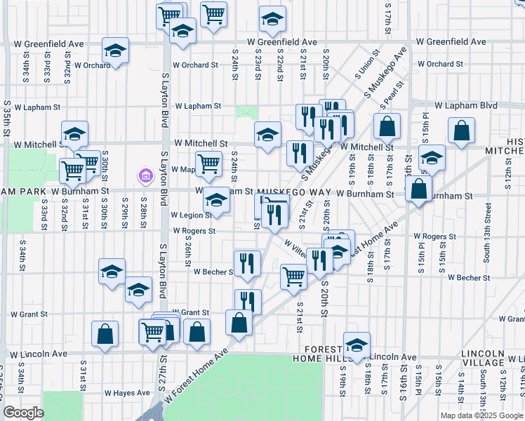 map of restaurants, bars, coffee shops, grocery stores, and more near 1936 A South 23rd Street in Milwaukee