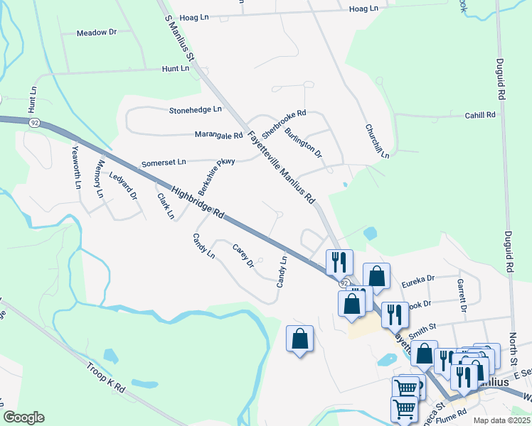 map of restaurants, bars, coffee shops, grocery stores, and more near 105 Left Field Course in Manlius