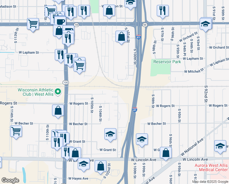 map of restaurants, bars, coffee shops, grocery stores, and more near 1909 South 102nd Street in West Allis