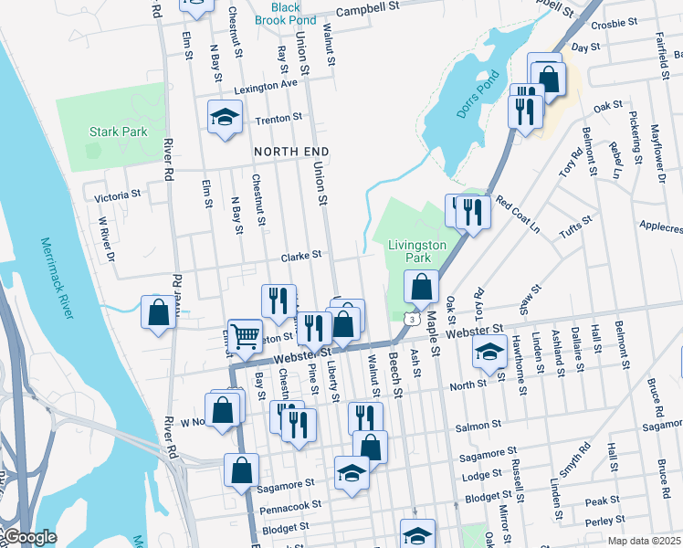 map of restaurants, bars, coffee shops, grocery stores, and more near 987 Union Street in Manchester