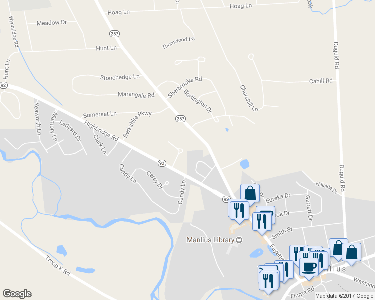 map of restaurants, bars, coffee shops, grocery stores, and more near 104 Right Field Place in Manlius