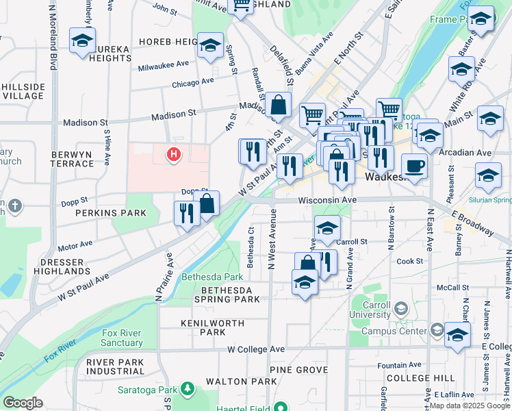 map of restaurants, bars, coffee shops, grocery stores, and more near 519 Wisconsin Avenue in Waukesha