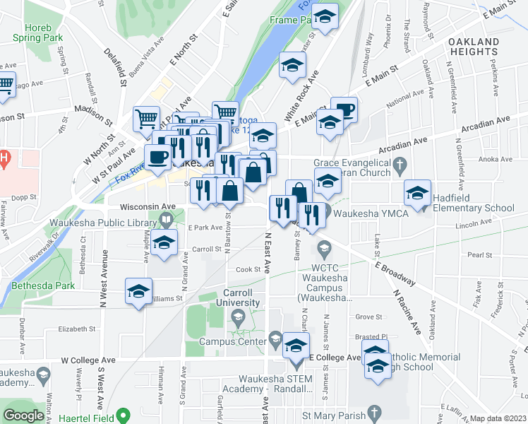 map of restaurants, bars, coffee shops, grocery stores, and more near 101 West Broadway in Waukesha