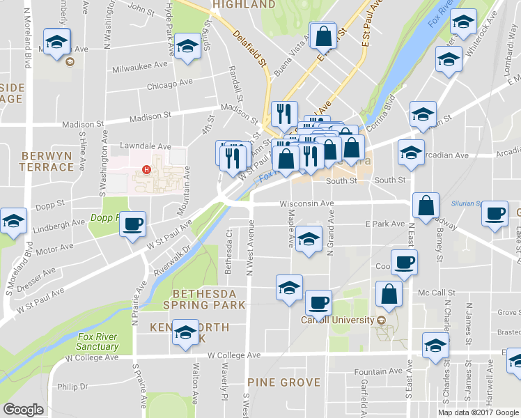 map of restaurants, bars, coffee shops, grocery stores, and more near 441 Wisconsin Avenue in Waukesha