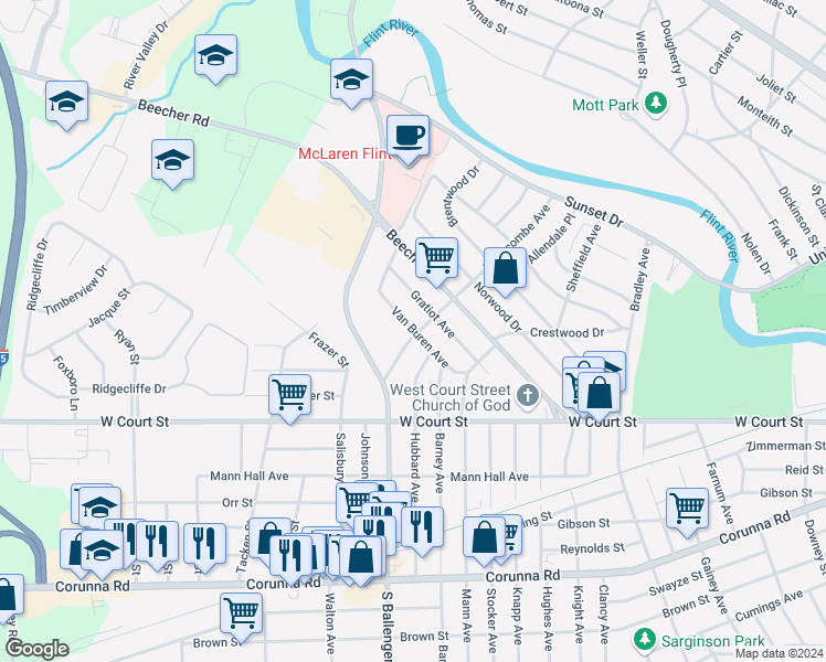 map of restaurants, bars, coffee shops, grocery stores, and more near 3615 Van Buren Avenue in Flint