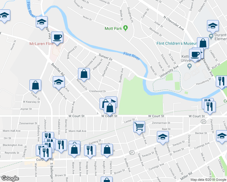 map of restaurants, bars, coffee shops, grocery stores, and more near 2714 Crestwood Dr in Flint