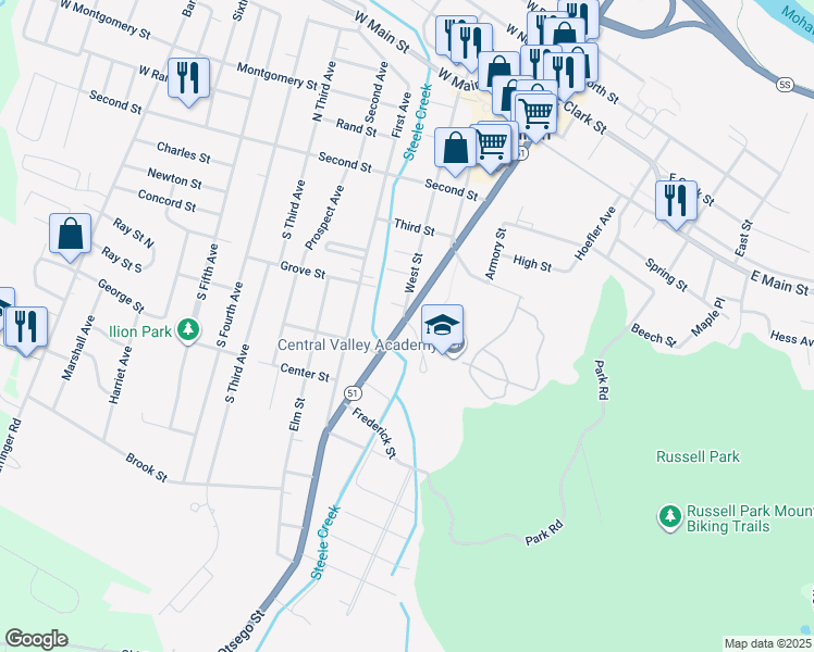 map of restaurants, bars, coffee shops, grocery stores, and more near 211 Otsego Street in Ilion