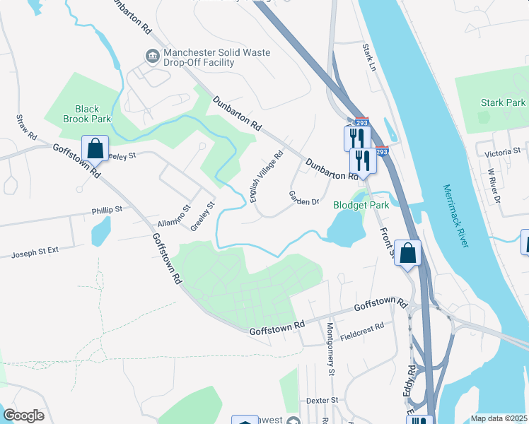 map of restaurants, bars, coffee shops, grocery stores, and more near 111 English Village Road in Manchester