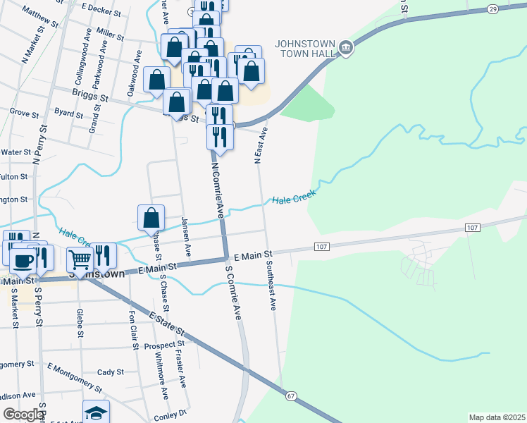 map of restaurants, bars, coffee shops, grocery stores, and more near 15 North East Avenue in Johnstown