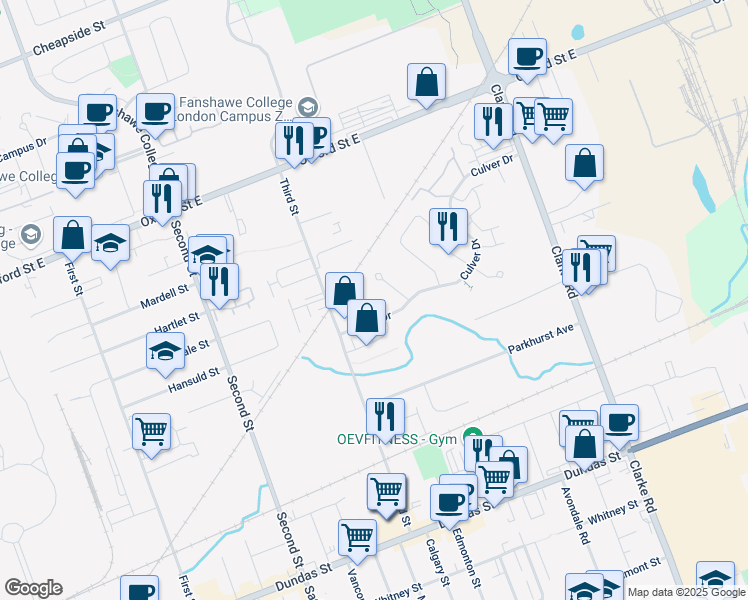 map of restaurants, bars, coffee shops, grocery stores, and more near 1600 Culver Drive in London