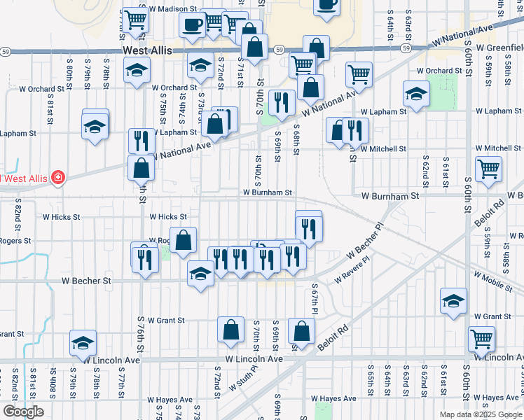 map of restaurants, bars, coffee shops, grocery stores, and more near 1927 South 70th Street in West Allis