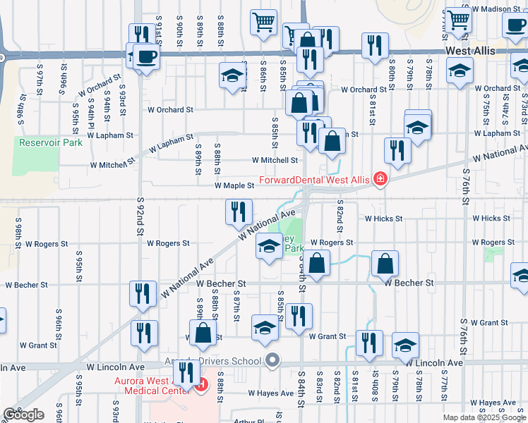 map of restaurants, bars, coffee shops, grocery stores, and more near 8556 W National Ave in West Allis