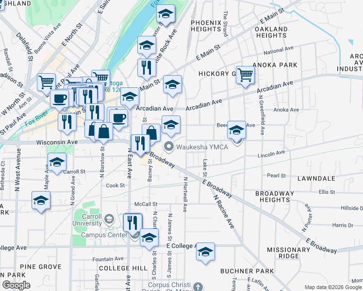 map of restaurants, bars, coffee shops, grocery stores, and more near 606 North Hartwell Avenue in Waukesha