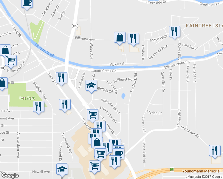 map of restaurants, bars, coffee shops, grocery stores, and more near 56 Ridgedale Circle in Tonawanda