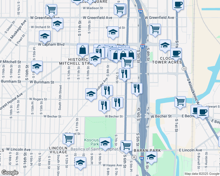 map of restaurants, bars, coffee shops, grocery stores, and more near 1924-1926 South 8th Street in Milwaukee